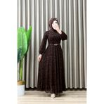 mercan moda ROMANTİK ABİYE Likralı Flok Kumaş Kadın Kahverengi Kemerli Tesettür Şık Elbise