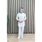 mercan moda SEVAY PANTOLONLU TAKIM Pike Kumaş Kadın Beyaz Renk Cepli ve Düğmeli Tunik Pantolon 2'li Takım