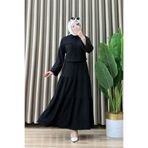 mercan moda Yasmin Etekli Takım Maya Kumaş Kadın Siyah Kolları ve Cebi Dantel Detaylı Etekli Tesettür Takım