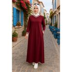 Mercan NURSAÇ ELBİSE Bordo Beyaz V Yaka Detaylı Tesettür Spor Elbise Kristal