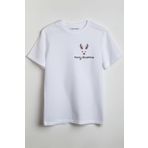 Merch&ice Merry Christmas Geyik Silüeti Yılbaşı Baskılı Unisex T-shirt Beyaz S