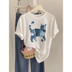 Mercoledi Denim Kedi Baskılı Oversize Bisiklet Yaka T-Shirt - Beyaz - XL
