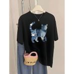 Mercoledi Denim Kedi Baskılı Oversize Bisiklet Yaka T-Shirt - Siyah - 2XL