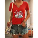 Mercoledi Kadın Beher Çiçek Baskılı Yarım V-Yaka Kollu Regular Kalıp Rahat T-Shirt - Kırmızı - 4XL