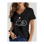 mercoledi Kadın Kedi Baskılı V-Yaka Kollu Regular Kalıp T-shirt