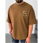 Mercoledi Kupa A / J Baskılı Oversize Erkek T-Shirt Salaş Boyfirend - Kahve - XL