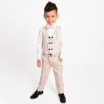 Merdia Kids Erkek Çocuk Smokin Takım Elbise 6 Düğmeli Yelekli Papyonlu Zincirli - Açık Bej - 2 Yaş
