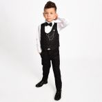 Merdia Kids Erkek Çocuk Smokin Takım Elbise 6 Düğmeli Yelekli Papyonlu Zincirli - Koyu Siyah - 2 Yaş