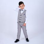 Merdia Kids Erkek Çocuk Takım Elbise Smokin 6 Düğmeli Şal Yaka Mendilli Yelek, Gömlek, Pantolon, Papyon - Koyu Bej - 4 Yaş