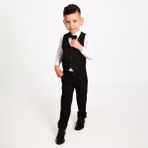 Merdia Kids Koyu Siyah Erkek Çocuk Takım Elbise 3 Düğmeli Yelekli Papyonlu Model - 6 Yaş