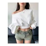 meren like your style beyaz bol kesim kadın düz renk asimetrik yaka uzun kollu sweatshirt