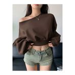 meren like your style kahve bol kesim kadın düz renk asimetrik yaka uzun kollu sweatshirt