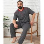 Meri Erkek Büyük Beden Gri Düğmeli Yakan Kısa Kol Pamuk Süprem Pijama Takımı - Antrasit - 2XL