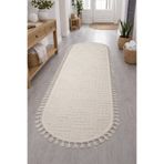 Merinos Çeşme Rölyef Oval Örgü Saçaklı Kaymaz Taban Yıkanabilir Koridor Salon Mutfak Halı Yolluk Kilim KREM