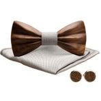 MERIT OCEAN Ahşap sinek, 3D ahşap papyon, siyah ceviz, erkek, masif ahşap kol düğmeleri, cep mendili seti, damat, nikah şahitleri, düğün hediyesi, kutulu, erkekler için, Gümüş, M