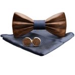 MERIT OCEAN Ahşap sinek, 3D ahşap papyon, siyah ceviz, erkek, masif ahşap kol düğmeleri, cep mendili seti, damat, nikah şahitleri, düğün hediyesi, kutulu, erkekler için, Mavi, M