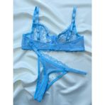 Merlif Lingerie Büyük Beden Açık Bebe Mavisi Dantelli Brode Iç Çamaşır Takımı Bralette (Balenli Sütyen &tanga) - Açık Mavi - 95C