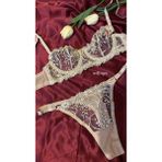 Merlif Lingerie Nude, Bej Ten Rengi Dantelli Brode Fantazii Iç Çamaşır Takımı Bralette (Balenli Sütyen &tanga) - 80B