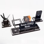 Mermer Desenli 5 Parça Ahşap Masa İsimliği Gümüş Ofis İsimlik