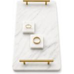 Mermer Nişan Tepsisi Gold Kulplu Kare Yüzük Standlı 20X30 cm - Beyaz