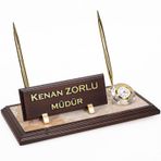 Mermer Zeminli Çift Kalemli Masa İsimlik Ahşap Masa İsimliği