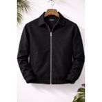 Mero Life Erkek Basic Old Money Fermuarlı Oversize Mevsimlik Polo Yaka Gabardin Kumaş Ceket - Siyah