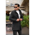 Mero Life Erkek Dar Kesim Dik Yaka Uzun Yün Karışımlı Koyu Desenli Kaşe Kaban - Koyu Gri - Siyah - 5XL