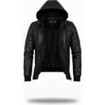 Mero Life Erkek Siyah Dar Kesim Kapüşonlu Bel Lastikli Ribanalı Deri Ceket & Mont - 2XL