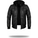 Mero Life Erkek Siyah Dar Kesim Kapüşonlu Bel Lastikli Ribanalı Deri Ceket & Mont - 5XL