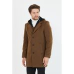 Mero Life Erkek Taba Yün Karışımlı Kaşe Kapüşonlu Önü Fermuarlı ve Düğmeli Uzun Kaban - 5XL