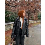 Mero Life Kadın Siyah Oversize Içi Kürklü Kemerli Biker Deri Ceket