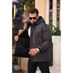 Mero Life Outdoor Kapüşonlu Su ve Rüzgar Geçirmez Kapitone Içi Kürklü Elyaf Dolgulu Şişme Gri Softshell Mont - 2XL