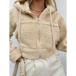 Meros Atelier Kapşonlu Suni Kürklü Bej Crop Ceket - 02S-Bej