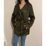 Meros Atelier Zr Model Leopar Desenli Süet Cepli ve Kemerli Trençkot - Haki Yeşili