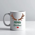 Merry Christmas Yazılı Geyik Boynuzlu Yılbaşı Kupası Model 212 Baskılı Seramik Kahve Kupası - Belirtilmemiş - 001 - Beyaz