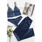 Merry See Dantel Sütyen Külot Saten Pijama Alt 3 Lü Takım Lacivert - M