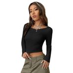 Merry See Kayık Yaka Örme Uzun Kollu Crop Top Bluz Siyah S/M