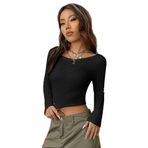 Merry See Kayık Yaka Örme Uzun Kollu Crop Top Bluz Siyah XXL/XXXL