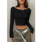 Merry See Kayık Yaka Örme Uzun Kollu Crop Top Bluz