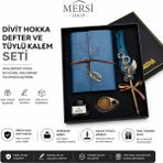 Mersi Shop Divit Hokka Tüylü Kalem ve Deri Defter Seti Vintage Kaligrafi Hediye Seti - Mavi