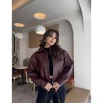 Merstore Kadın Oversize Bordo Suni Deri Bomber Ceket Klasik Cepli Günlük Stil - XL