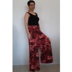 Mertcan Butik Bordo siyah çiçekli desenli beli lastikli bol paça penye viskon pantolon etek