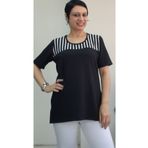 Mertcan Butik Siyah ön omuzu siyah beyaz çizgili garnitürlü kısa kollu penye viskon oyuk yaka tişört