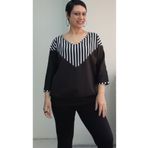 Mertcan Butik Siyah V yaka önü siyah beyaz çizgili renk bloklu yarasa truvakar kol penye viskon tişört