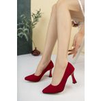MERVE BAŞ Kadın Kırmızı Süet Kadeh Topuk Sivri Burun Stiletto 9 Cm