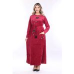 mervemoda Kadın Bordo nakış detaylı kadife uzun elbise