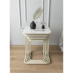 Mervish Decor 4’lü Tekerlekli Krem Metal Beyaz Mdf Zigon Sehpa & Yan Sehpa Takımı