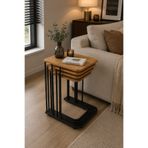 MervishDecor 4’lü Tekerlekli Siyah Metal Çam Desenli Zigon Sehpa & Yan Sehpa Takımı – Modern Dekoratif C Sehpa Seti