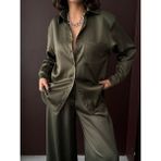 Mery Mery Boutique Saten Cepli Kalın Kadın Gömlek - Haki