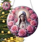 Meryem Ana Noel Süsü, Meryem Ana Süsü - 2D Akrilik Dini Kolye - Yuvarlak Meryem Kolye Hıristiyan Katolik Süsler Noel için Halat ile